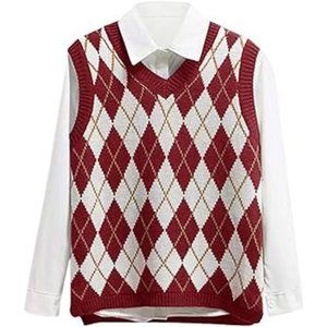 Lailezou Women's V Neck Knit Sweater Vest Argyle Plaid / XXL